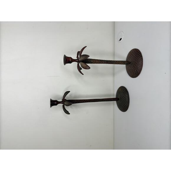 Pair Made in India Textured Wrought Iron Metal Tropical Palm Tree candlesticks - Picture 2 of 10
